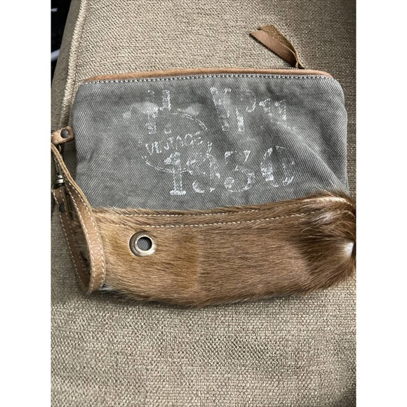 Myra Bags Brown Leather/Hairon 9.5"x6" wristlet Pouch Bag Clutch - Picture 1 of 7